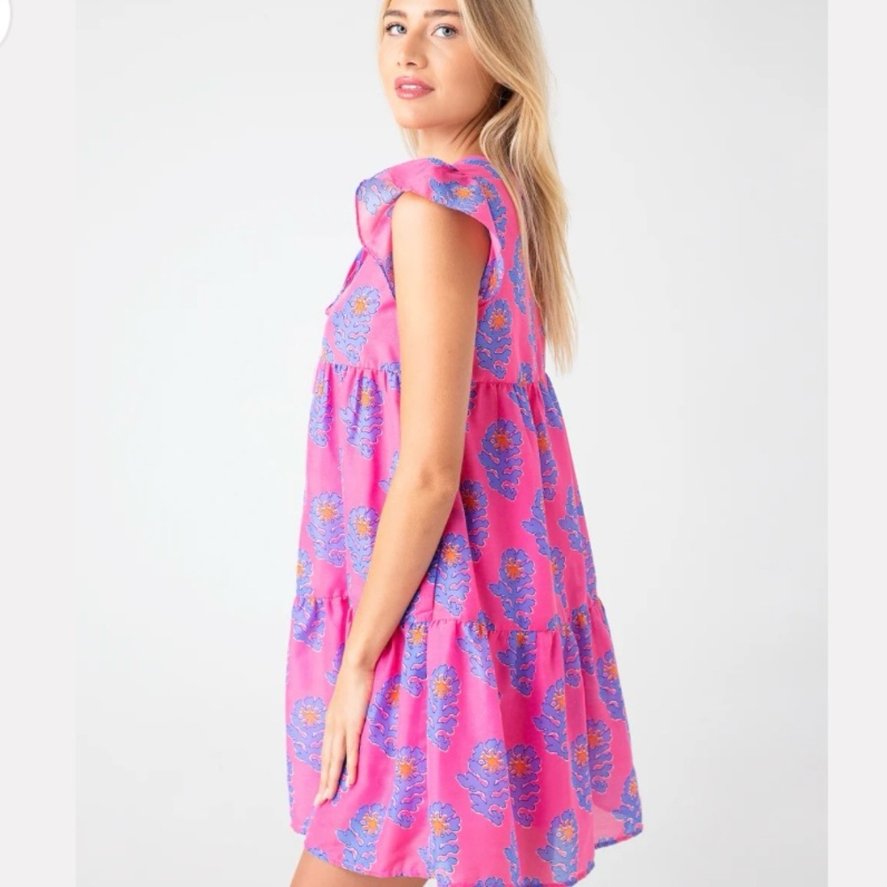 J. Marie Piper Ruffle Dress Pink Floral Tiered Mini - Size Small - Picture 2 of 7